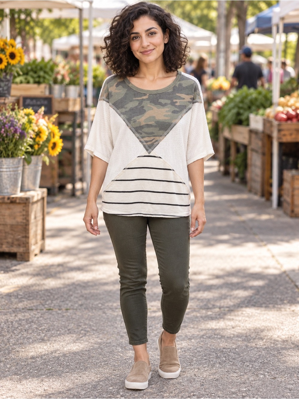 7th Ray Cream & Olive Camo Contrast Short Sleeve Top